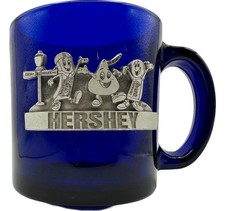 Vintage Hershey Blue Glass Mug w/ Pewter Characters Made in USA Souvenir