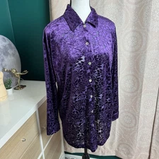 Moda International VTG 90s Velvet Rose Button Up Collar Blouse Whimsigoth Sz Sm