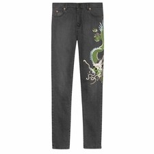 NWOT Gucci Gray Green Chinese Embroided Dragon Denim Skinny Jeans Sz 26