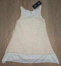 New Vtg BRITTANY BLACK Open Crochet Chevron Knit Ivory Overlay Boho Tunic Top S