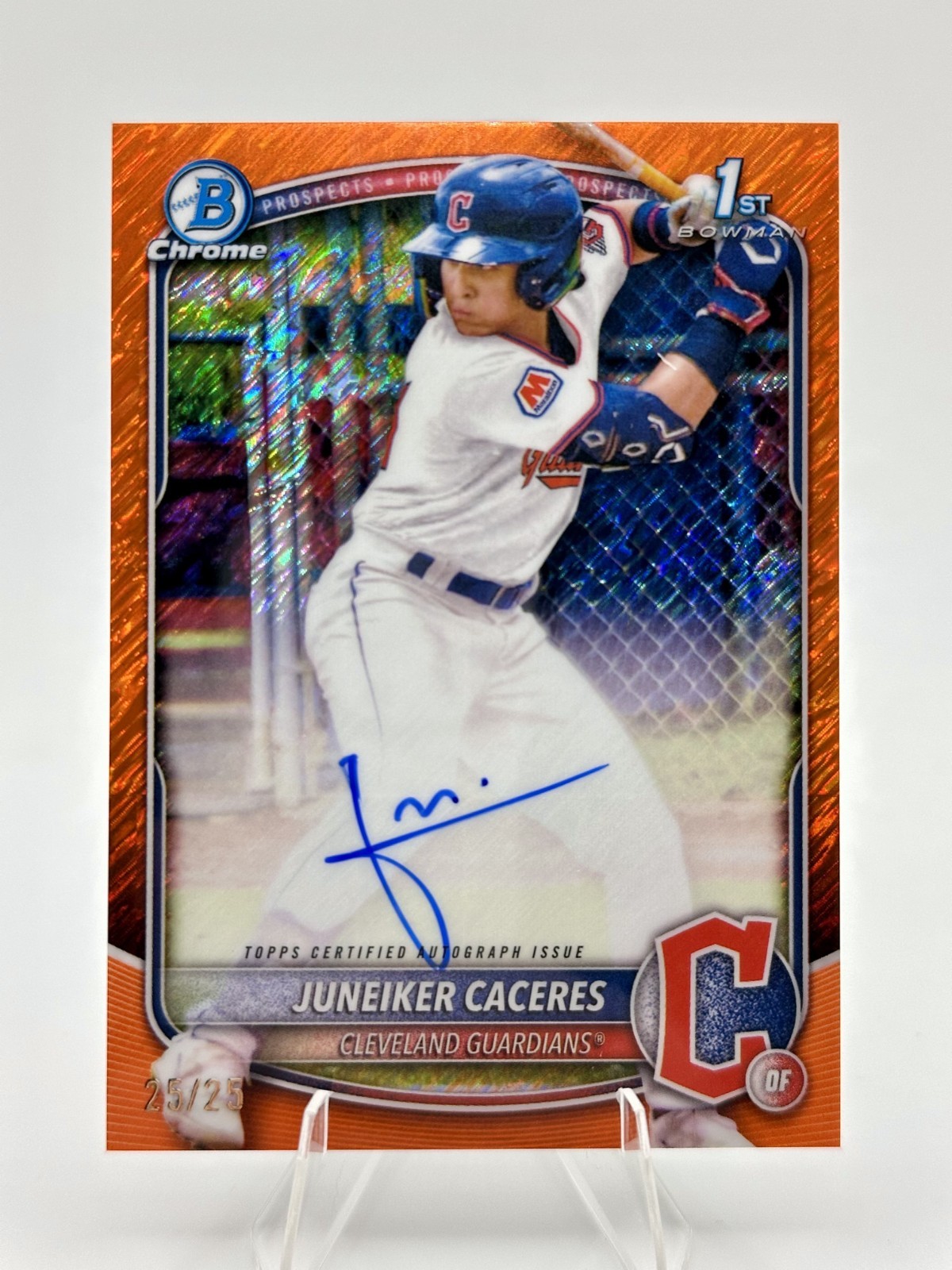 2025 Bowman Chrome Juneiker Caceres 1st Orange Shimmer Auto 25/25 BOOKEND