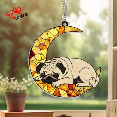 Pug Sleeping on Moon Acrylic Window Hanging Suncatcher, Dog Lover Memorial Gift