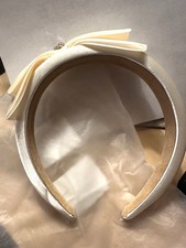 Ivory Satin Headband with Bow and Beaded Accent for Women