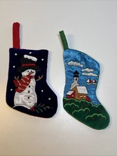 2 Mini Christmas Stocking Ornaments Snowman House 6”