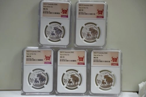 (5) 2021 P Australia 50c 1/2 oz. Silver Year of the Ox NGC MS70.