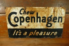 Vintage Original Chew Copenhagen It’s A Pleasure Metal Advertising Sign 25” Long