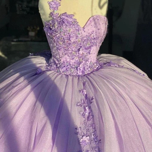 Purple Quinceanera Dresses 3D Flowers One Shoulder Sweet 15 16 Party Ball Gown== - Picture 3 of 12