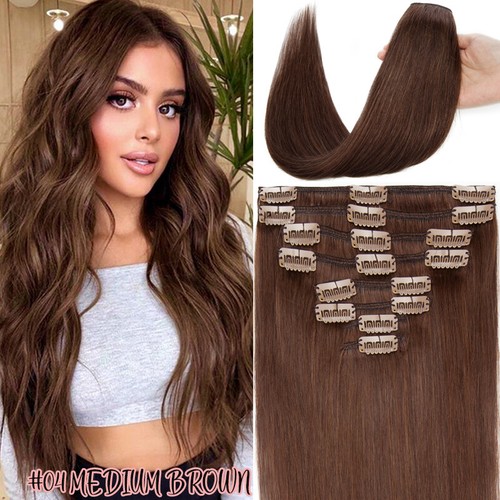 Clip In Extensions 100% Real Human Hair Extensions Full Head 8 Pieces Weft Brown - Picture 29 of 69
