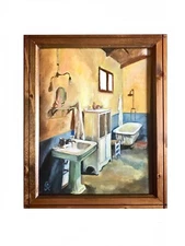 signed expressionist original art deco style interior bathroom painting wall art