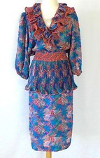 Vtg Susan Freis 2PC 3/4 Sleeve Pleated Trim Ruffle Collared Semi-Chiffon Size S