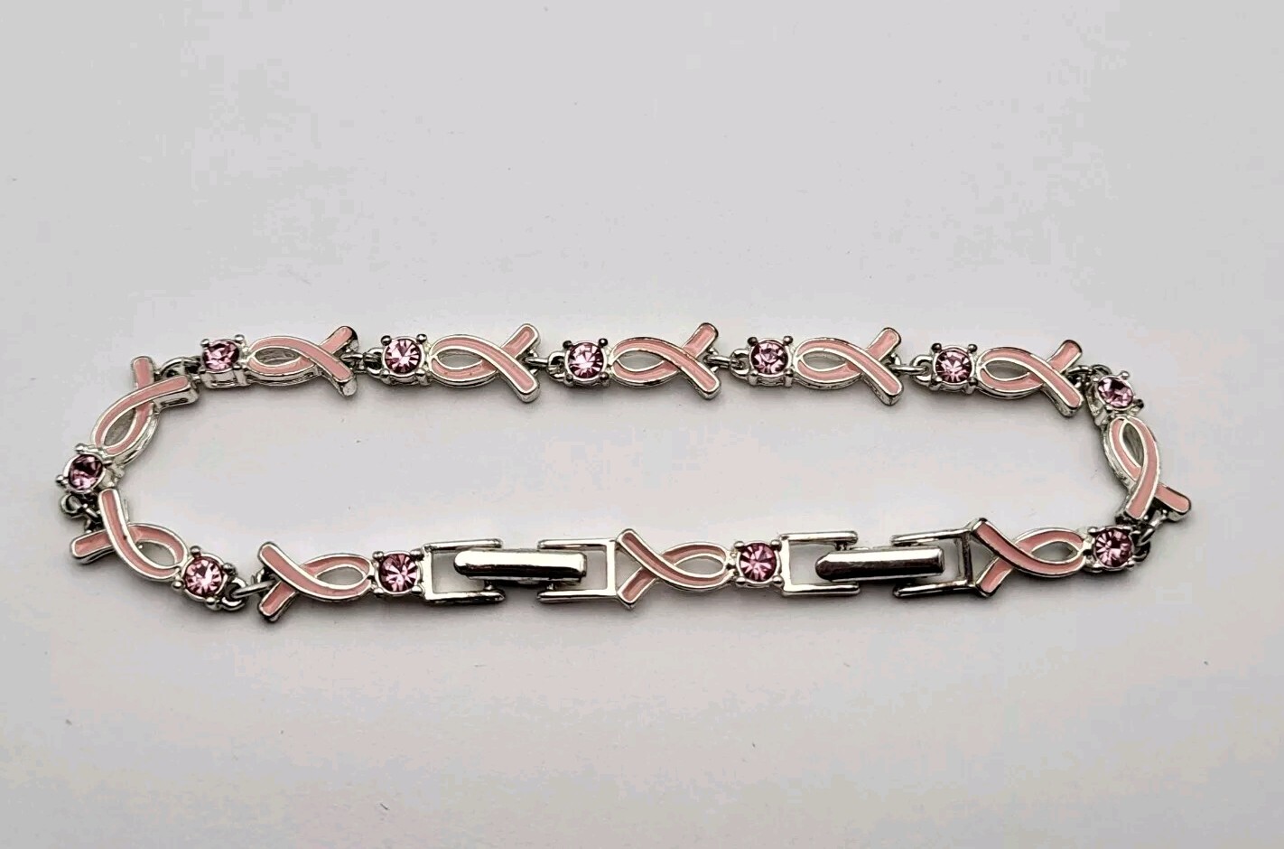 Avon Bracelet Breast Cancer Awareness Silver Tone w/Pink Rhinestones Signed