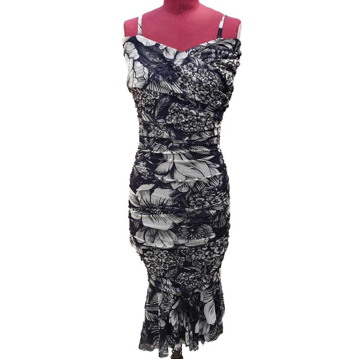 floral tulle ruched midi dress Fuzzi Dress Medium Black White Floral Tulle Mesh Off Shoulder Ruched Midi