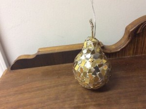Vintage Pear Shaped Crackle Gold And Silver Glass Christmas Ornament 4”x3”