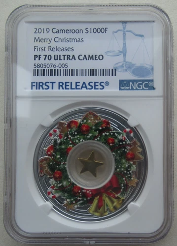 NGC PF70 Cameroon 2019 Merry Christmas Color Silver Coin 28.28g 1000 Francs COA