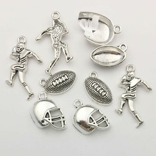 6 Football Themed Charms Antiqued Silver Tone Sport Pendants Team Assorted