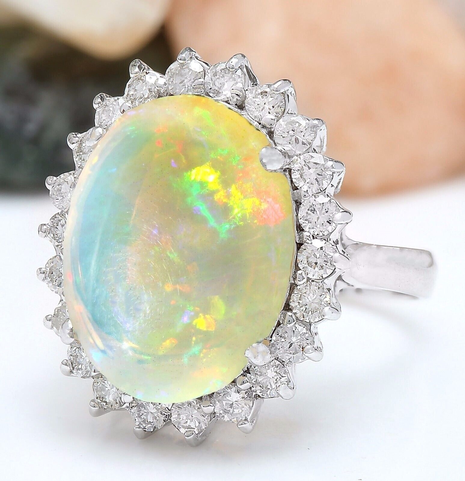7.59ct Natural Opal & Diamond 925 Sterling Silver Women’s Ring