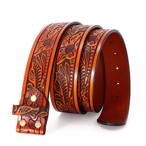 Classic Western Flower Design Leather Snap On Belt Mens Womens-NO BUCKLE - Picture 2 of 16