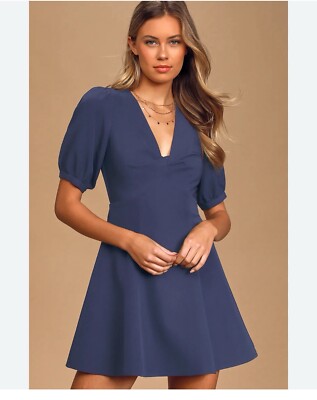 NWOTs Lulus Navy Dress Brilliantly Beautiful Navy Blue Puff Sleeve