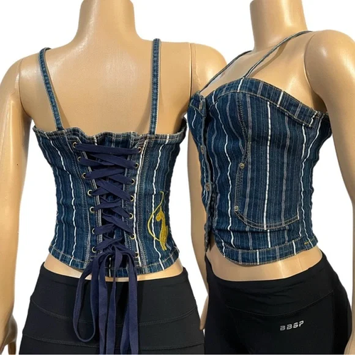 Top corsetto denim a righe con bottoni davanti gatto ricamato schiena Phat bambino M - Foto 4 di 6