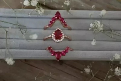 3 CT Pear Cut Lab Created Ruby Trio Wedding Ring Set 14k Rose Gold Plated
