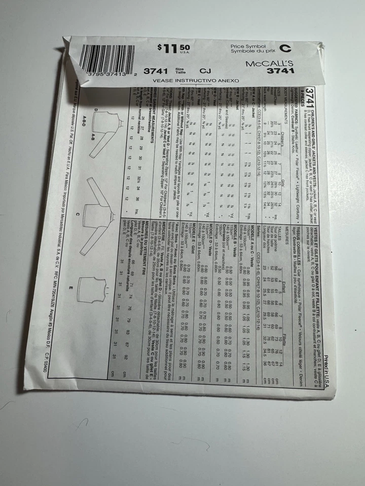 McCall’s Sewing Pattern 3741 Children And Girls Jackets And Vests Uncut SZ 10-14 - Image 4 of 4