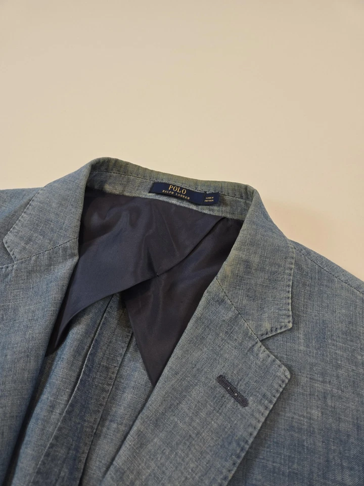 Blazer Polo Ralph Lauren Para Hombres 44R Azul Lino Cambray Cresta Parche Abrigo Deportivo Foto 4 de 4