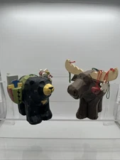 Carved Wood Black Bear W Toys And Brown Moose Christmas Tree Ornaments