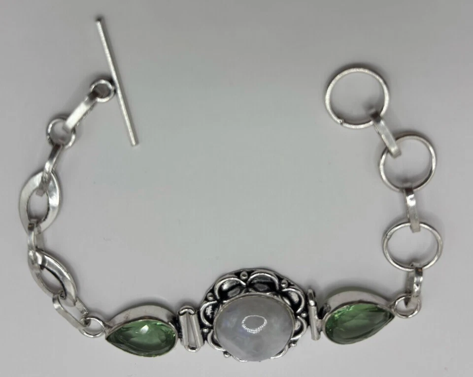 Edelstein Armband Mondstein+peridot länger 18 cm 925 Silber vergoldet  - Bild 2 von 3