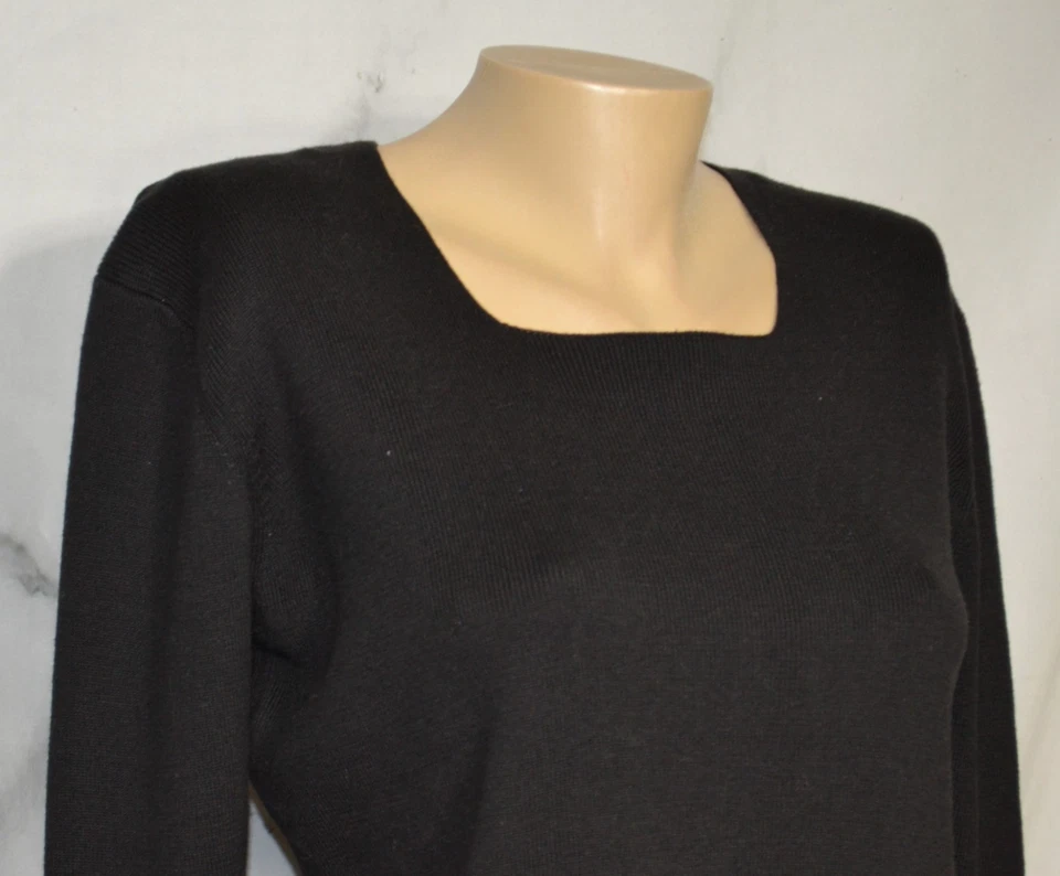 DRESSBARN Black Ribbed Knit Top Large 3/4 Sleeves Square Neckline Acrylic Blend - Image 3 of 4