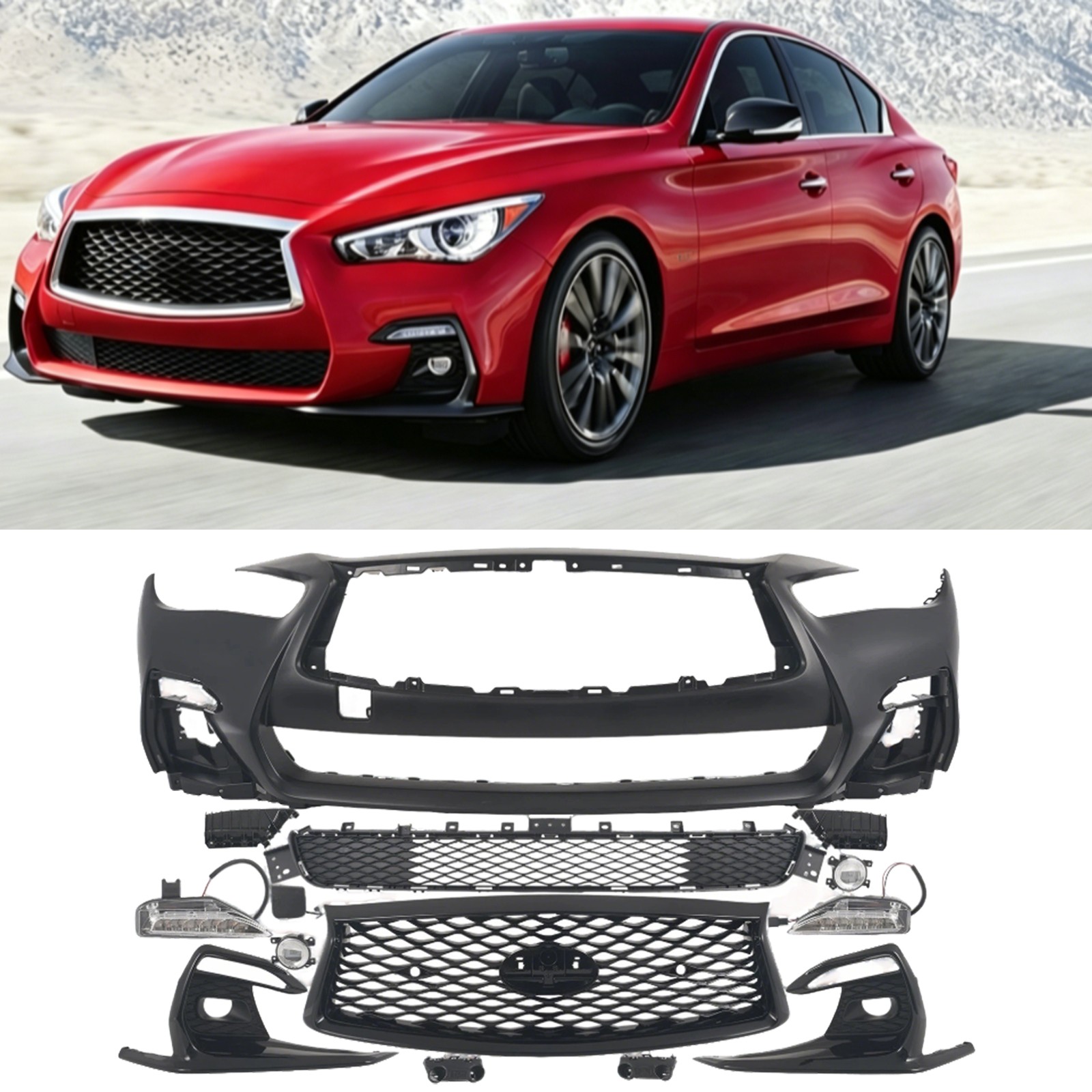 Front Bumper Grille Set Fit 2018-2024 Infiniti Q50 Sport w/ Fog Light & Bezels