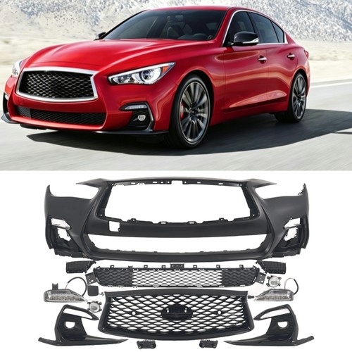 Front Bumper Grille Set Fit 2018-2024 Infiniti Q50 Sport w/ Fog Light & Bezels