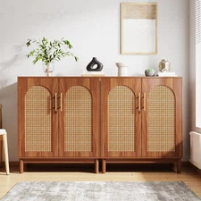 Set of 2 Rattan Sideboard Buffet with Storage, 59 Inch Accent Cabinet with Do...