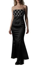 VTG 90s Womens Black Satin Lace Up Rhinestone Whimsigoth Prom Maxi Dress Sz 8