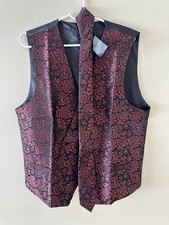 4pc Red and Black Paisley Vest with Tie Handkerchief Cufflinks set size 2XL.