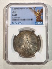 1988 MEXICO SILVER ONZA LIBERTAD TONED NGC MS 65 RARE