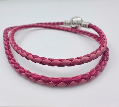 Auth PANDORA 925 Sterling Silver Braided Leather 2-Tone PINK