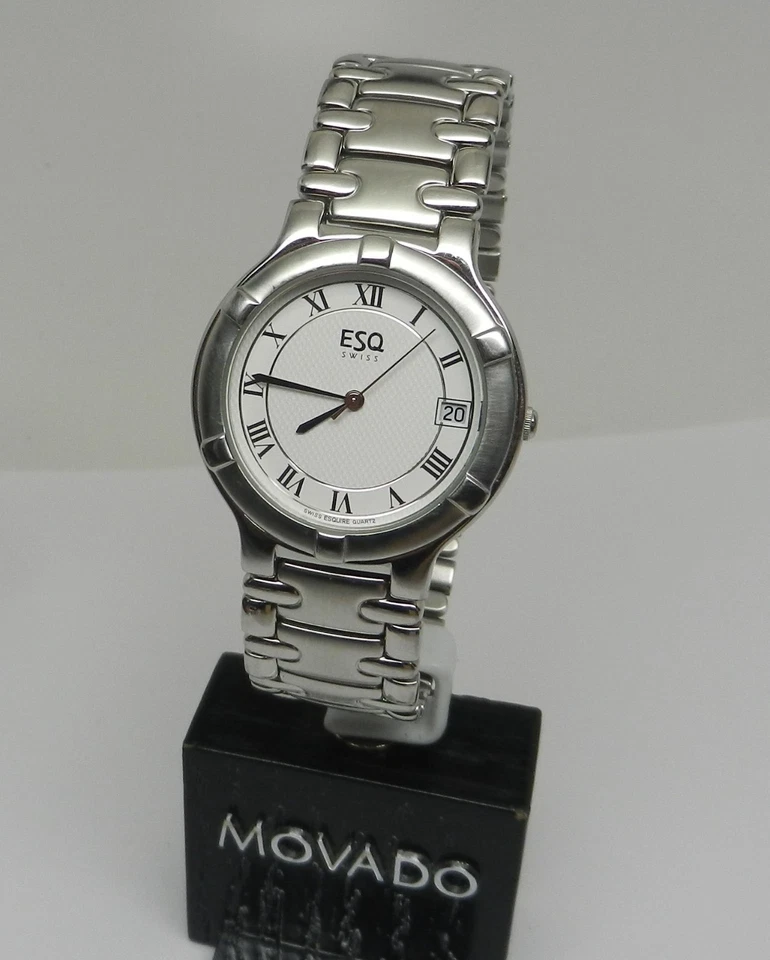 Reloj vintage auténtico ESQ Swiss Esquire para hombre 35 mm esfera blanca con número romano Foto 3 de 4