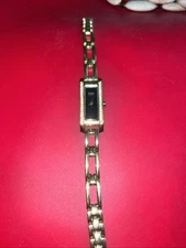 Vtg ESQ Ladies 14mm Watch Gold Tone Black Dial Swiss Tank Stone 6" E5187