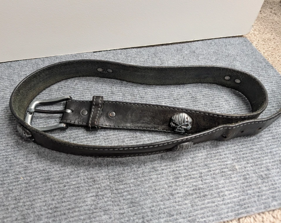 Ремень Harley Davidson мужской 40 черный кожаный металлический череп логотип мотоциклиста винтажный США - Изображение 2 из 4
