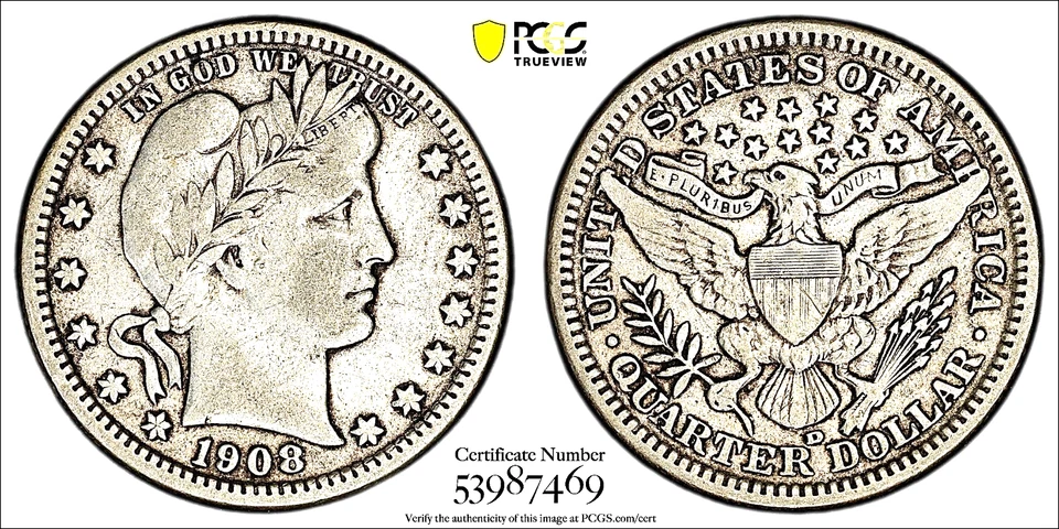 1908-D BARBER QUARTER / PCGS VF30 / HARD TO FIND / PRISTINE / REGISTRY QUALITY - Image 4 of 4