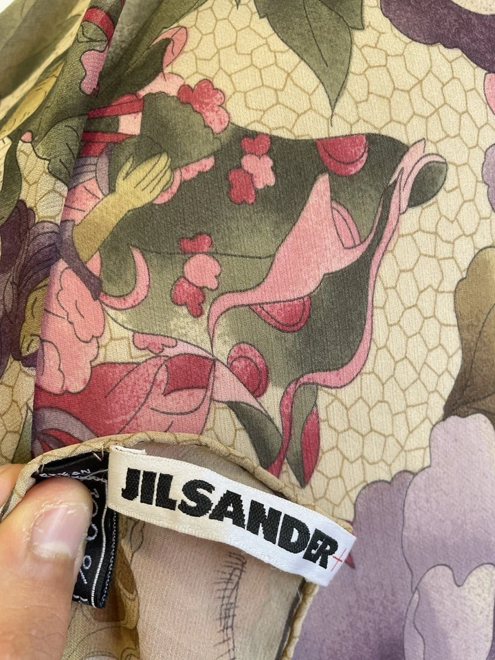 Y2#Jil Sander Bufanda de Seda Estampado Floral Transparente Púrpura Rosa Beige Verde De Colección Foto 4 de 4
