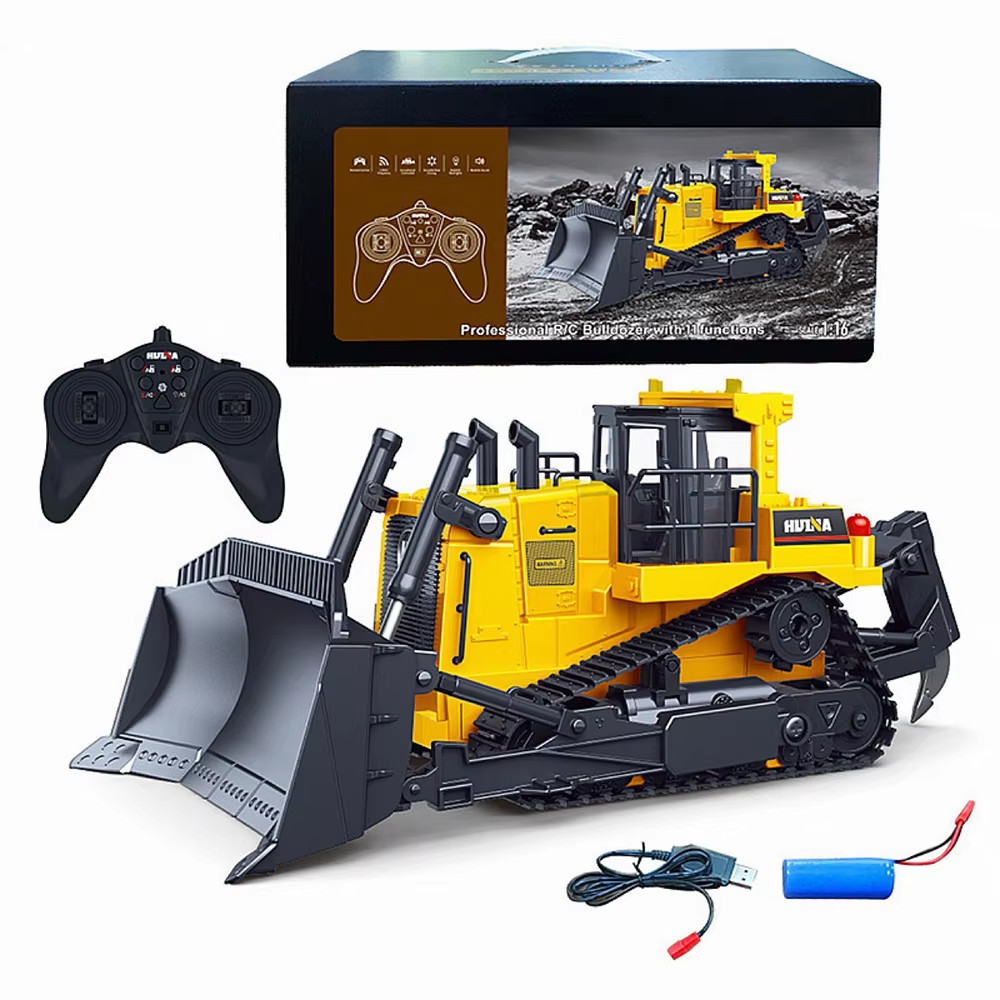 Bulldozer télécommandé robuste à 11 canaux avec pelle en métal - Engin de chantier RC 1:16