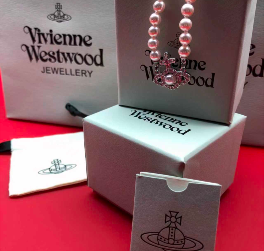 Vivienne Westwood Olympia Platinum Plated Pink Pearl necklace New