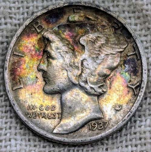1937 S Mercury Dime XF/AU : Rainbow Tone, Lower Mintage 9.7M - .9 Fine Silver