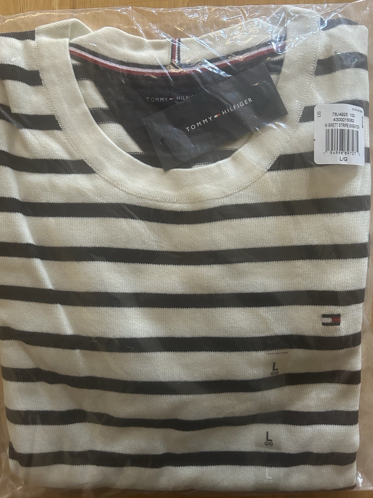 Tommy Hilfiger Essential Stripe Sweater White Suede Navy Men’s LARGE New image 5
