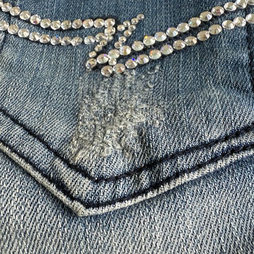 A7 Swarovski Crystals Distressed Jeans Womens 25 Low Rise Sexy Cowgirl Glam Rock - Picture 13 of 15
