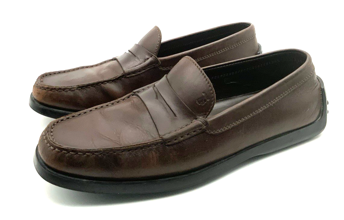 SAOLA TOD'S scarpe uomo mocassino penny pelle marrone caffè con suola in gomma misura 8 5