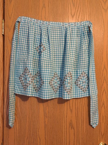 Vintage half apron Blue and white gingham. Handmade. Hand embroidery.