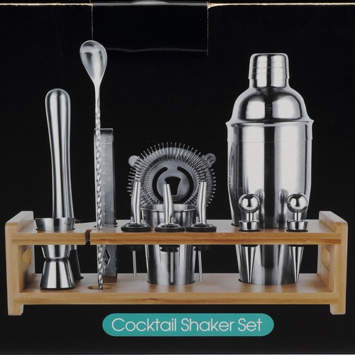 Bartender Kit 24 Piece Silver Cocktail Shaker Set w/ Bamboo Stand Home Bar - Picture 1 of 5