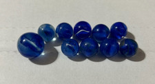 VINTAGE SET BLUE CATS EYE MARBLES AND SHOOTER 10 PIECES 5/8", 1" SHOOTER